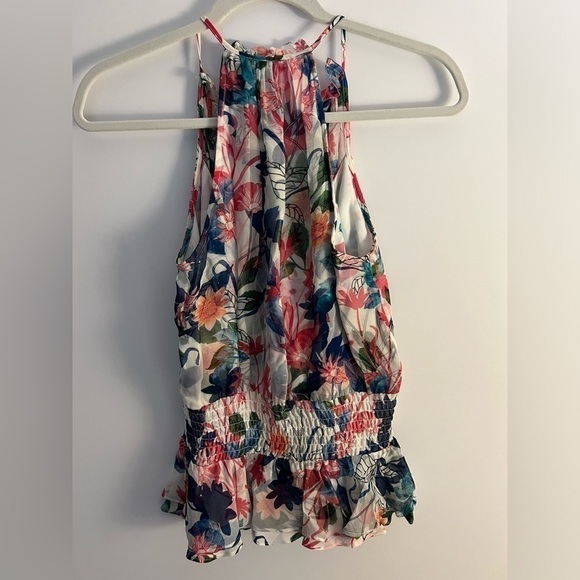 Parker silk ruffle sleeveless floral boho top camisole sz XS green pink cream - Picture 2 of 7
